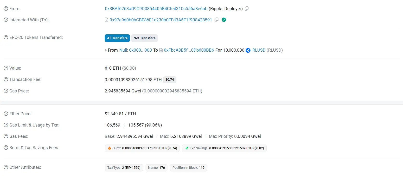 Ripple Mints 10M RLUSD: Major Step for Stablecoin Ecosystem Ripple's Transaction Details for the 10M RLUSD Minted (Source: Etherscan)