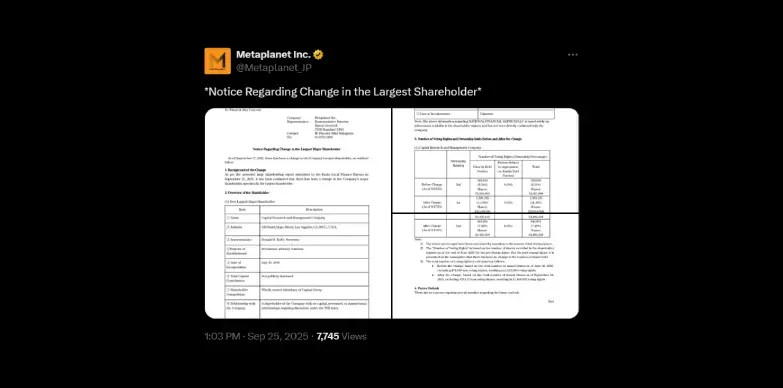 Metaplanet announces change in the largest shareholder Metaplanet announces change in the largest shareholder