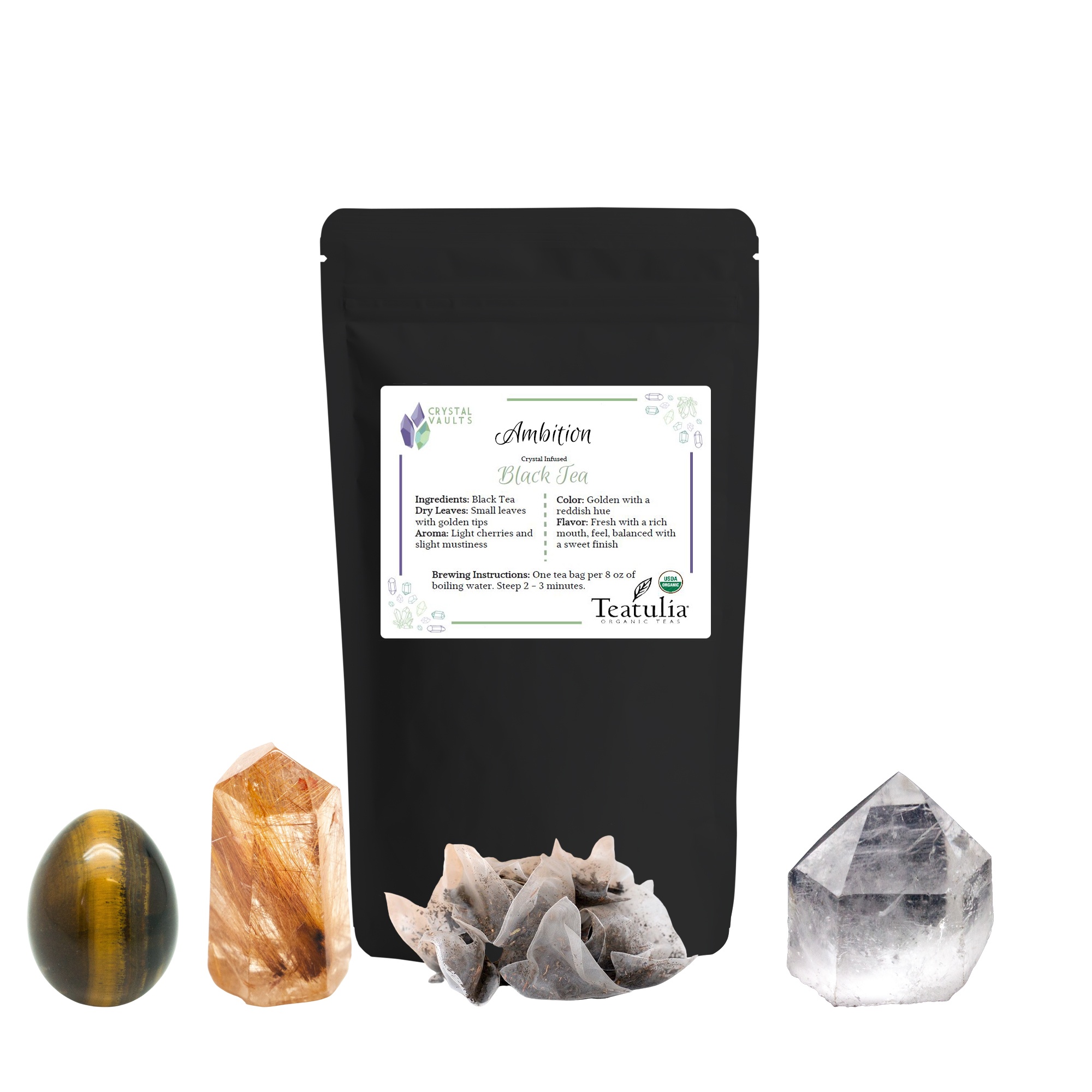 Rutilated Quartz, Tigers Eye, and Quartz Tea for Ambition Crystal Vaults