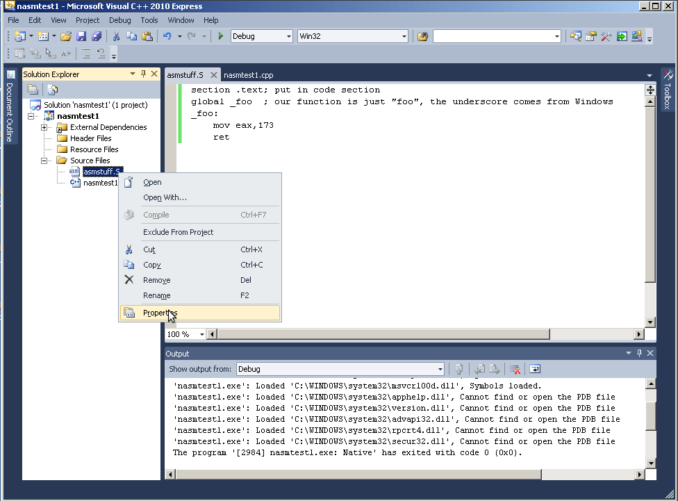 Visual C++ 2010 & NASM