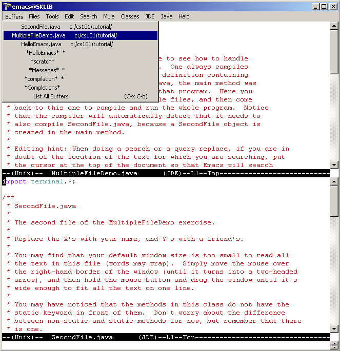 Washington University CS101 Quick Tour of Emacs