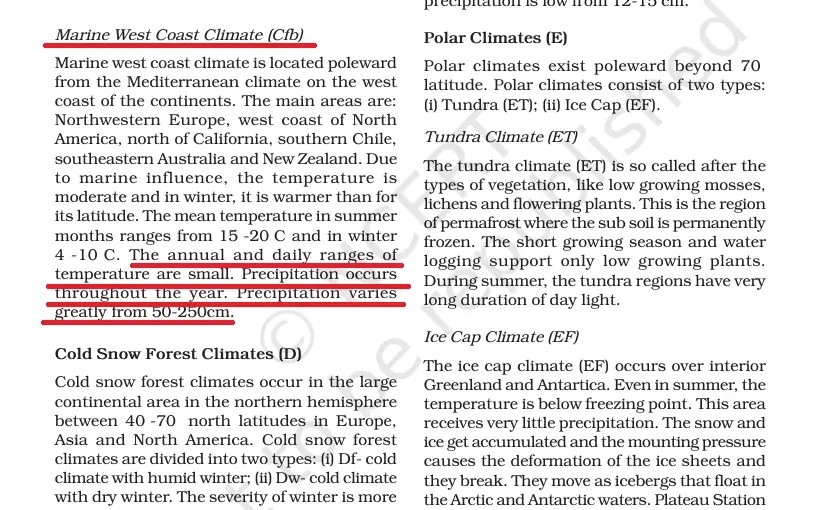 Marine West coast climate UPSC Question