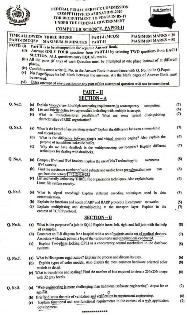 Computer Science, PAPERII CSS 2020 FPSC CSS Past Papers