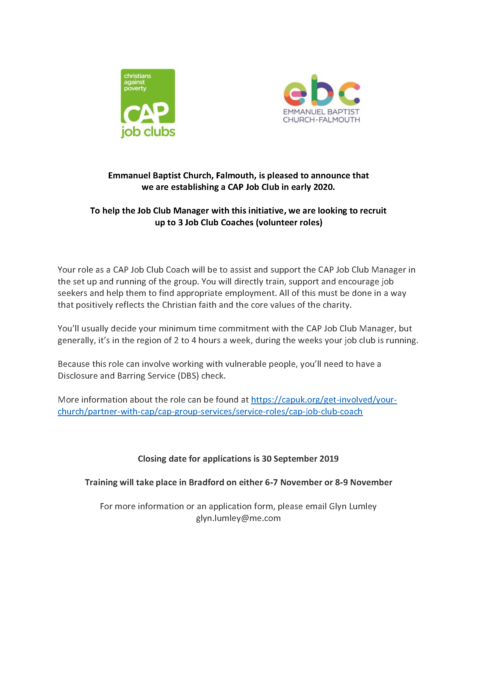 Vacancy CAP Job Club Coaches, Falmouth closing date 30 Sep