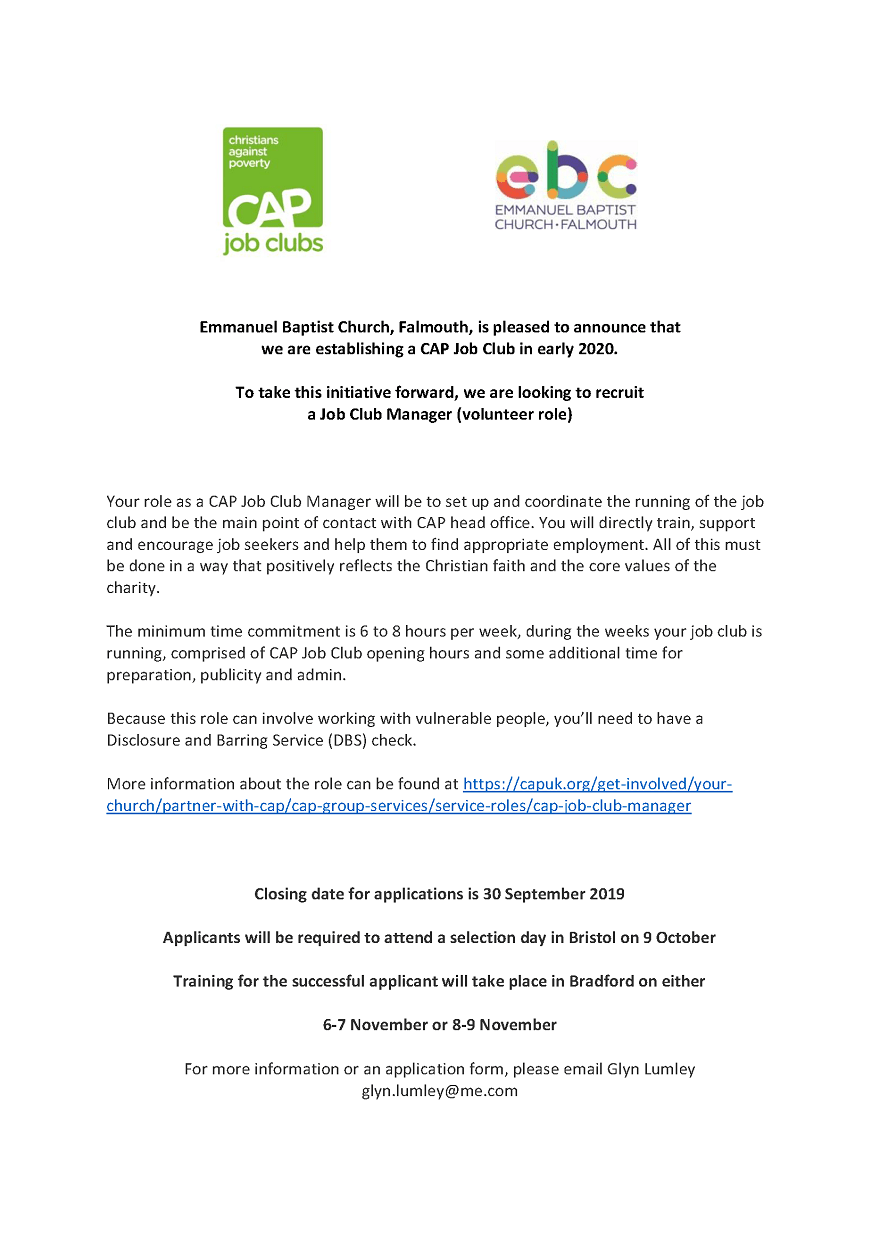 Vacancy CAP Job Club Manager, Falmouth closing date 30 Sep