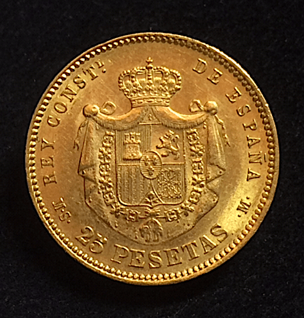 ESPAGNE 25 PESETAS OR ALPHONSE XII 1882 SUR/1 (82) SUP