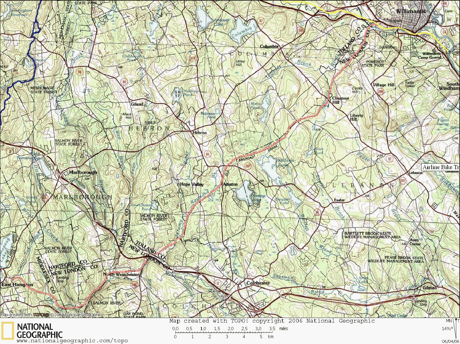 Airline Bike Trail, East Hampton to Willimantic Map