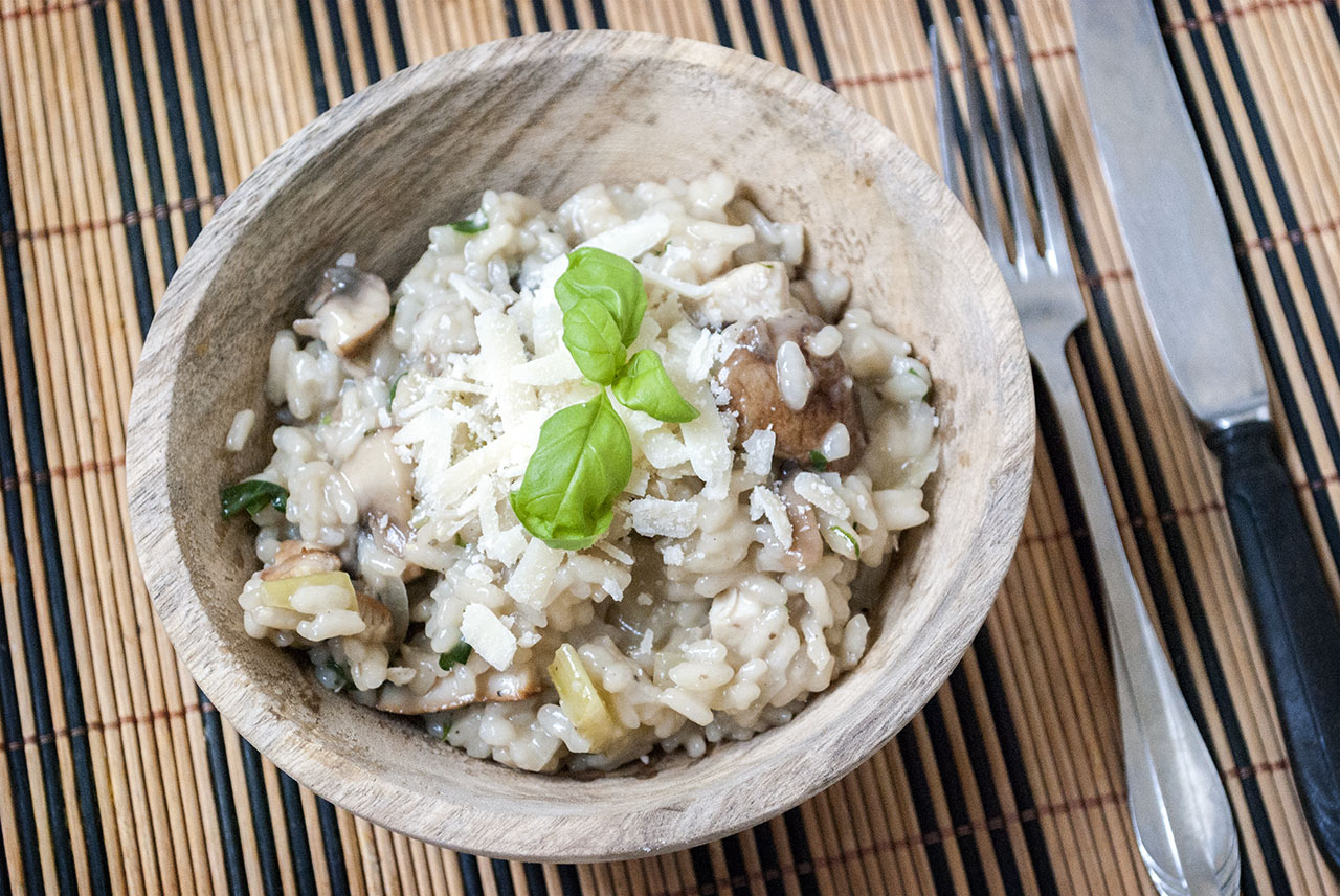 Risotto met Kastanje Champignons en Gerookte Kip