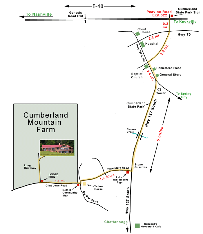 Map and Directions to Cumberland Mountain Lodge in Crossville, Tennessee
