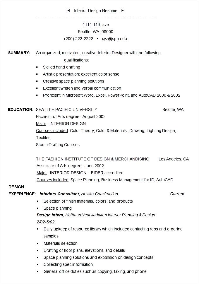 Interior Designer Resume Example Template Free Samples