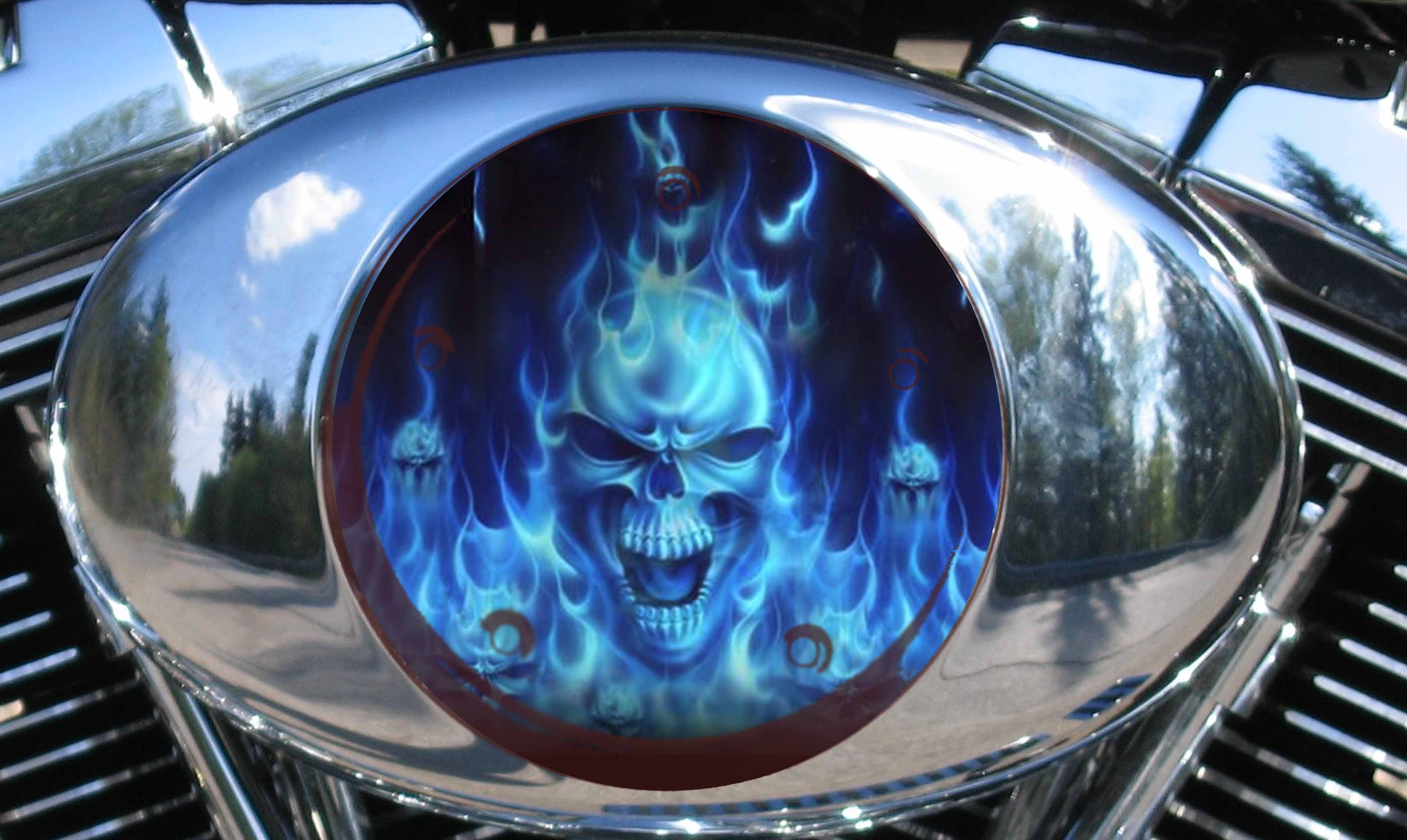 HARLEY DAVIDSON AIR CLEANER INSERT COVER BLUE FLAME SKULL [AIR CLEANER