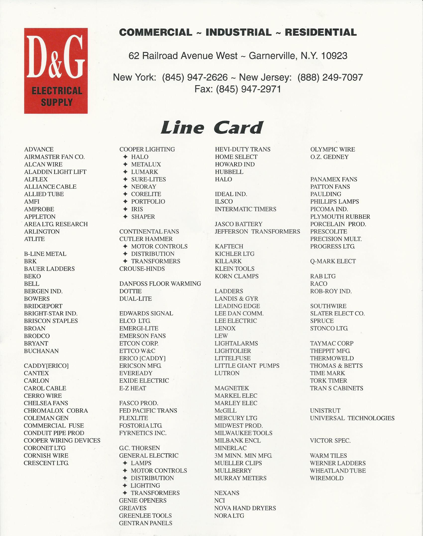 Line Card D&G Electrical Supply Co., Inc.
