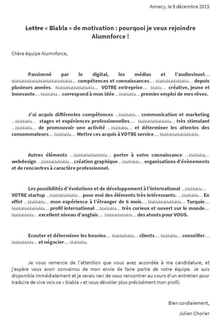 La lettre "bla bla" de motivation très second degré de Julien lui offre un job ! CVOriginaux