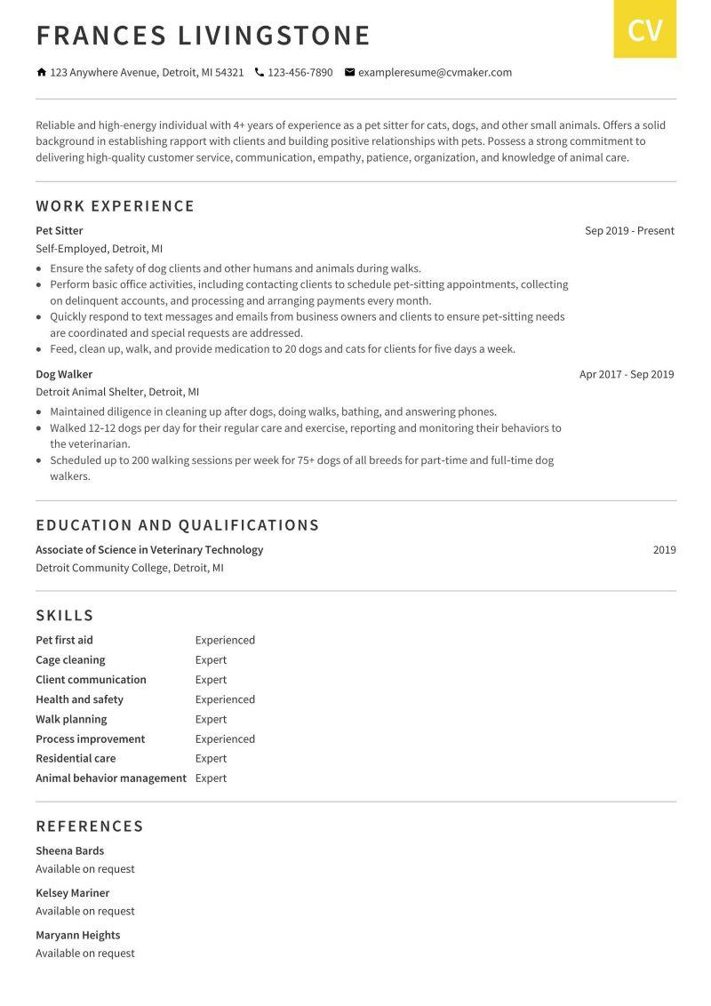 Pet Sitting Resume Sample, Job Description & Writing Guide for 2024