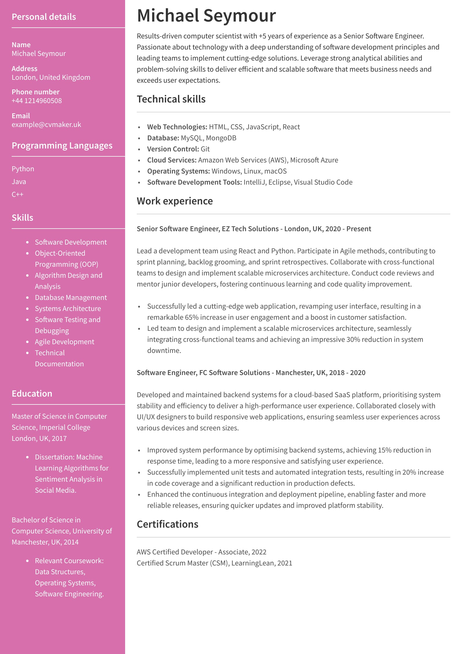 Professional Computer Science CV (Guide + Examples) 2024
