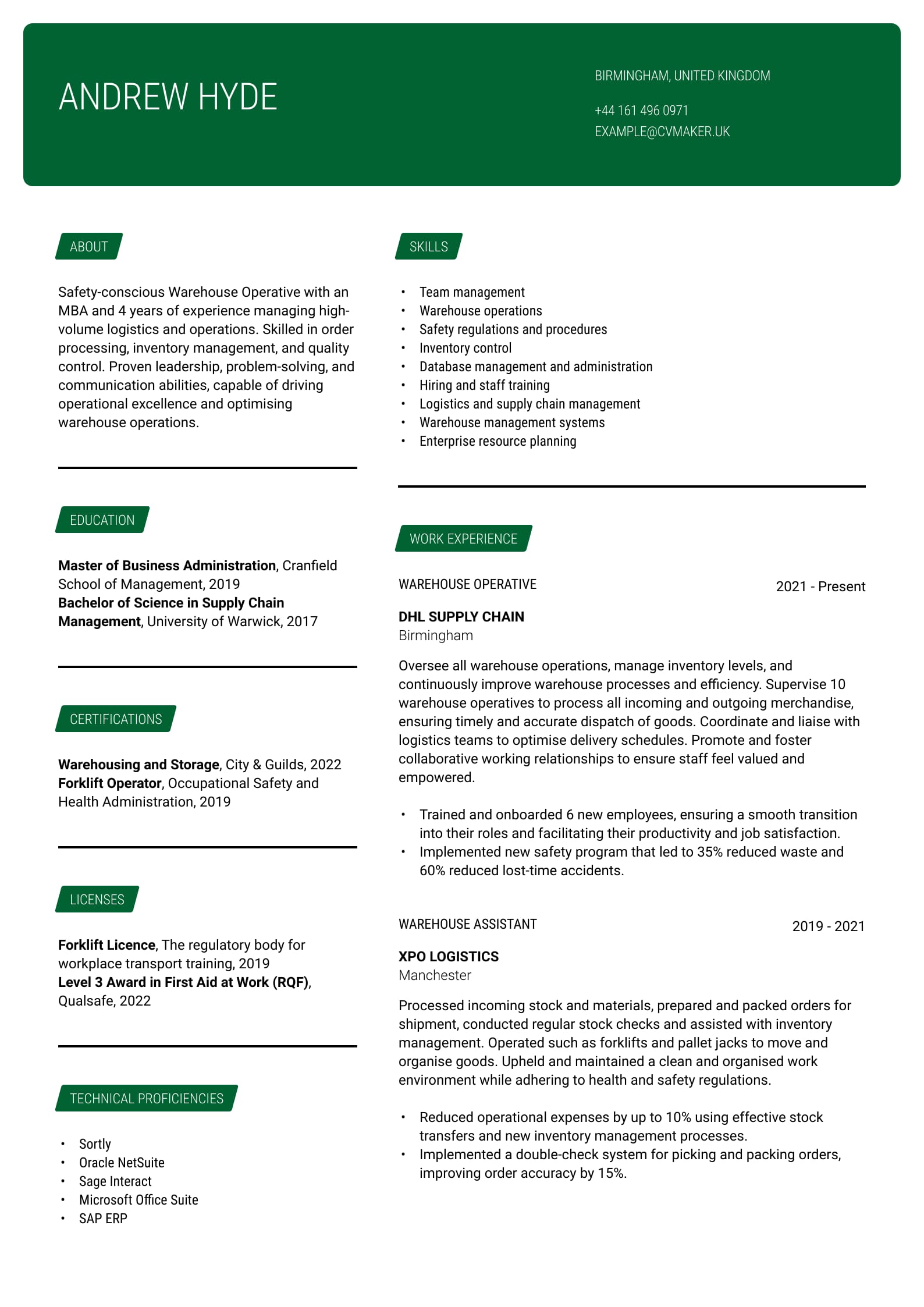Warehouse CV Example Expert Tips for Success 2024