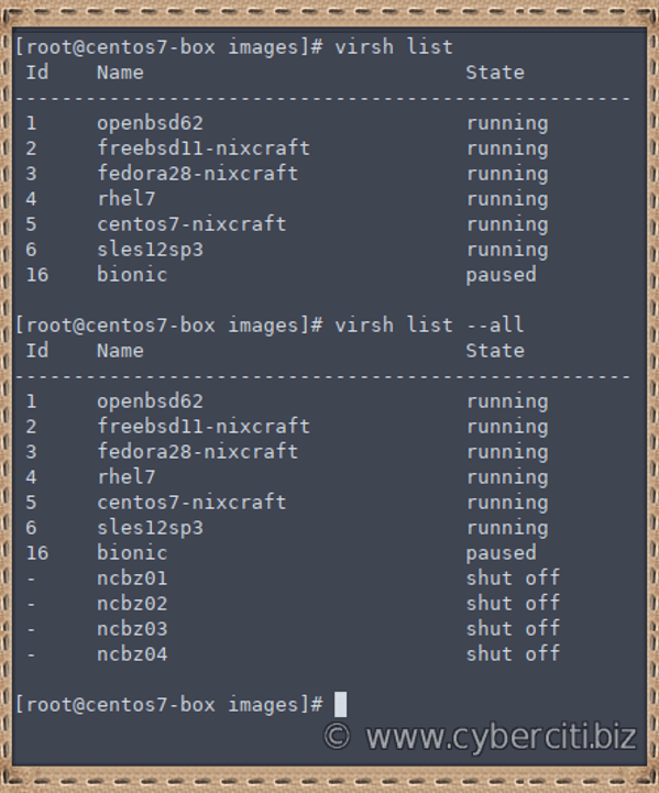 Linux list a KVM vm guest using virsh command nixCraft
