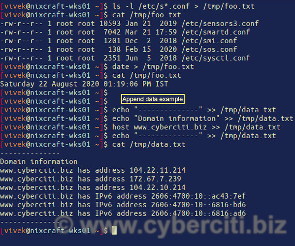 How to write the output into the file in Linux nixCraft