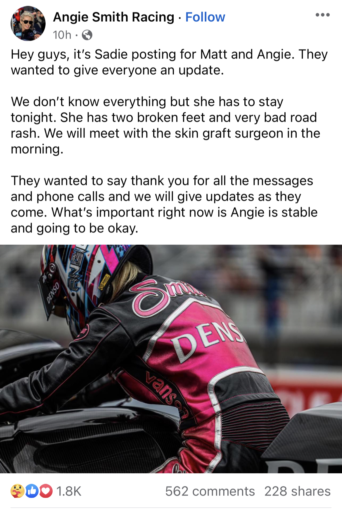 Angie Smith Suffers Two Broken Feet and Road Rash in High Speed Crash