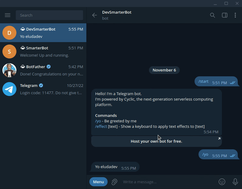 How to Build a Telegram Bot Using Typescript & Node.js cyclic.sh (2022)