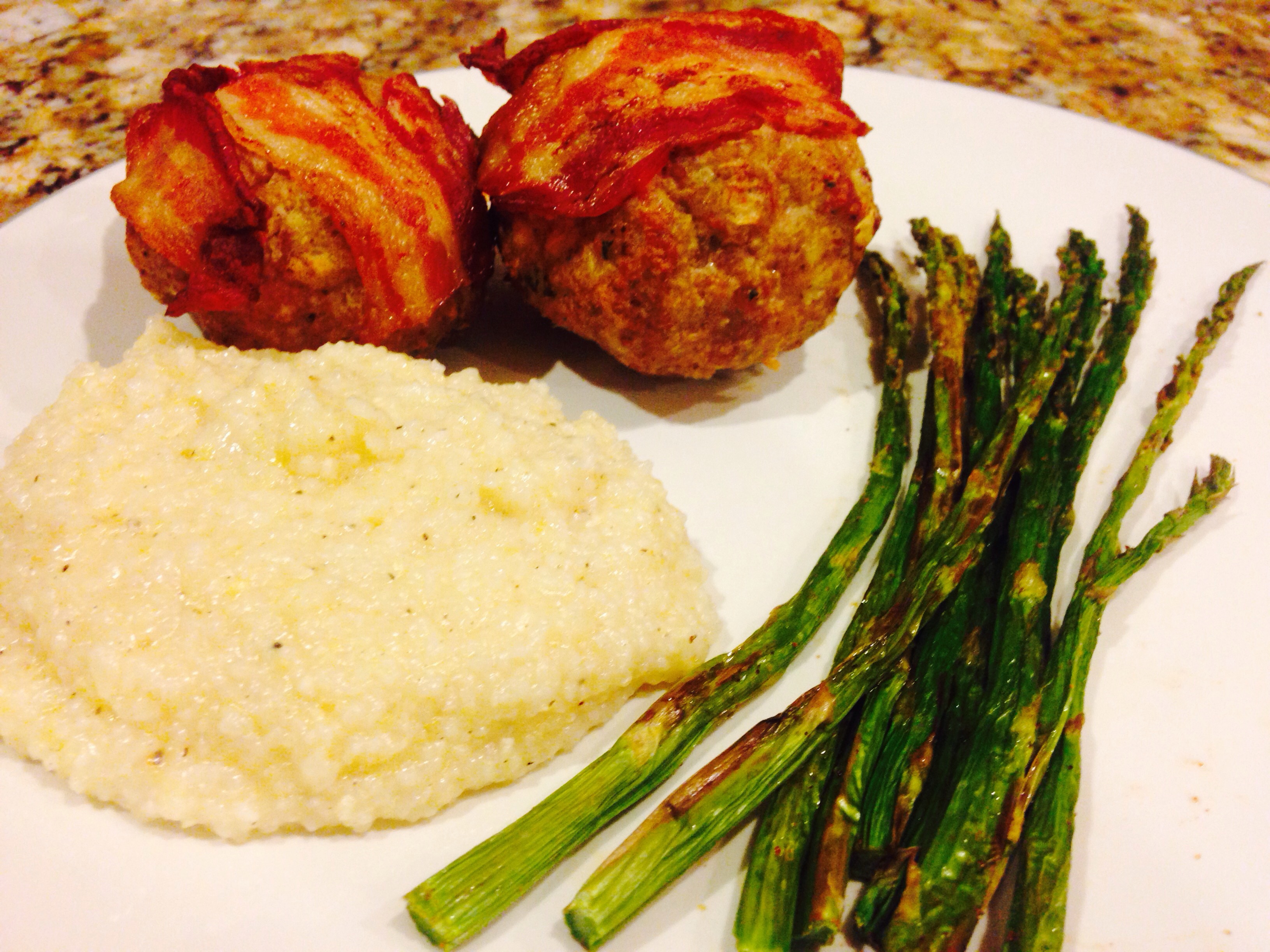 Bacon Wrapped Turkey Meatloaf with Gouda Grits and Baked Asparagus