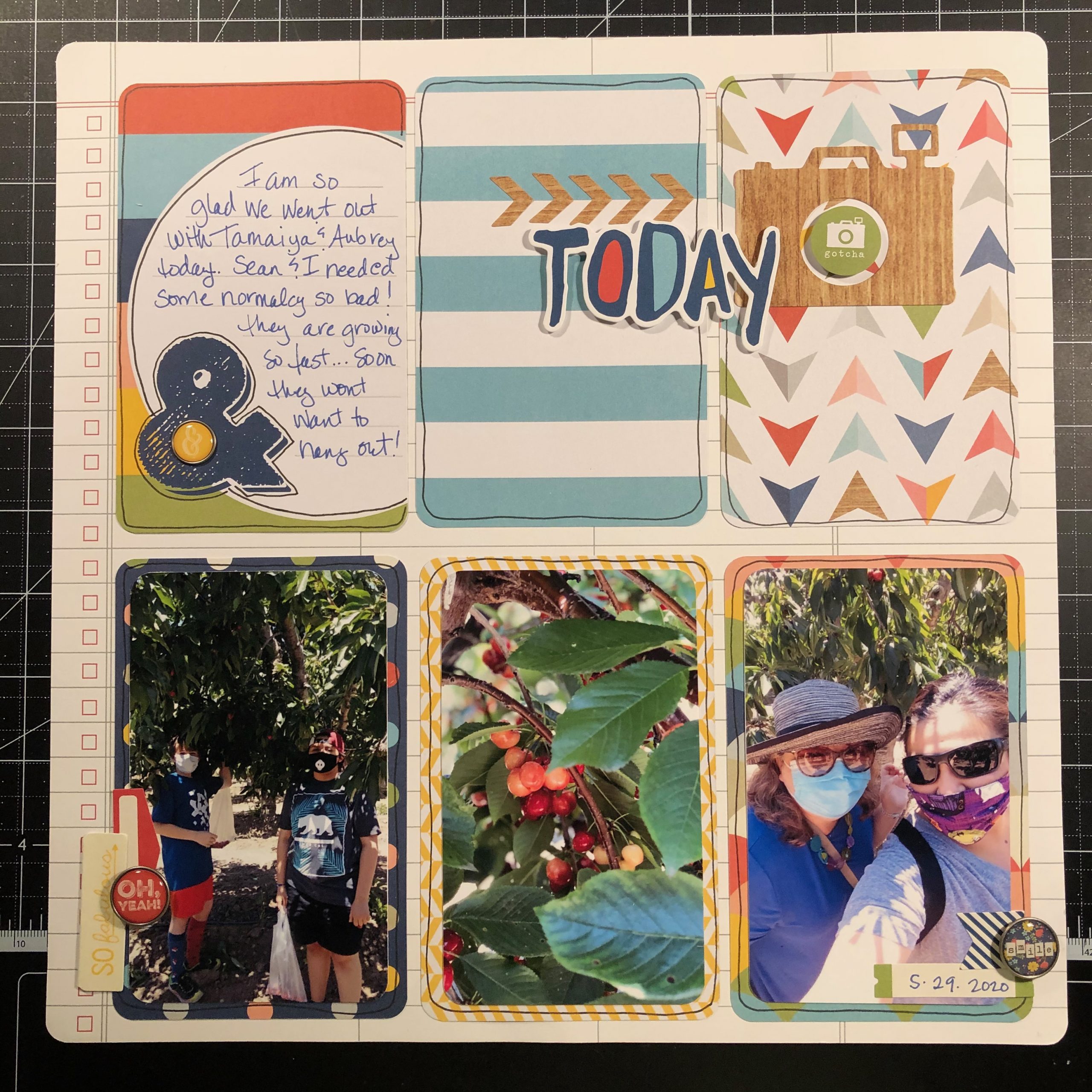 Scrapbook layout of Gwen, Sean, and friends cherry picking