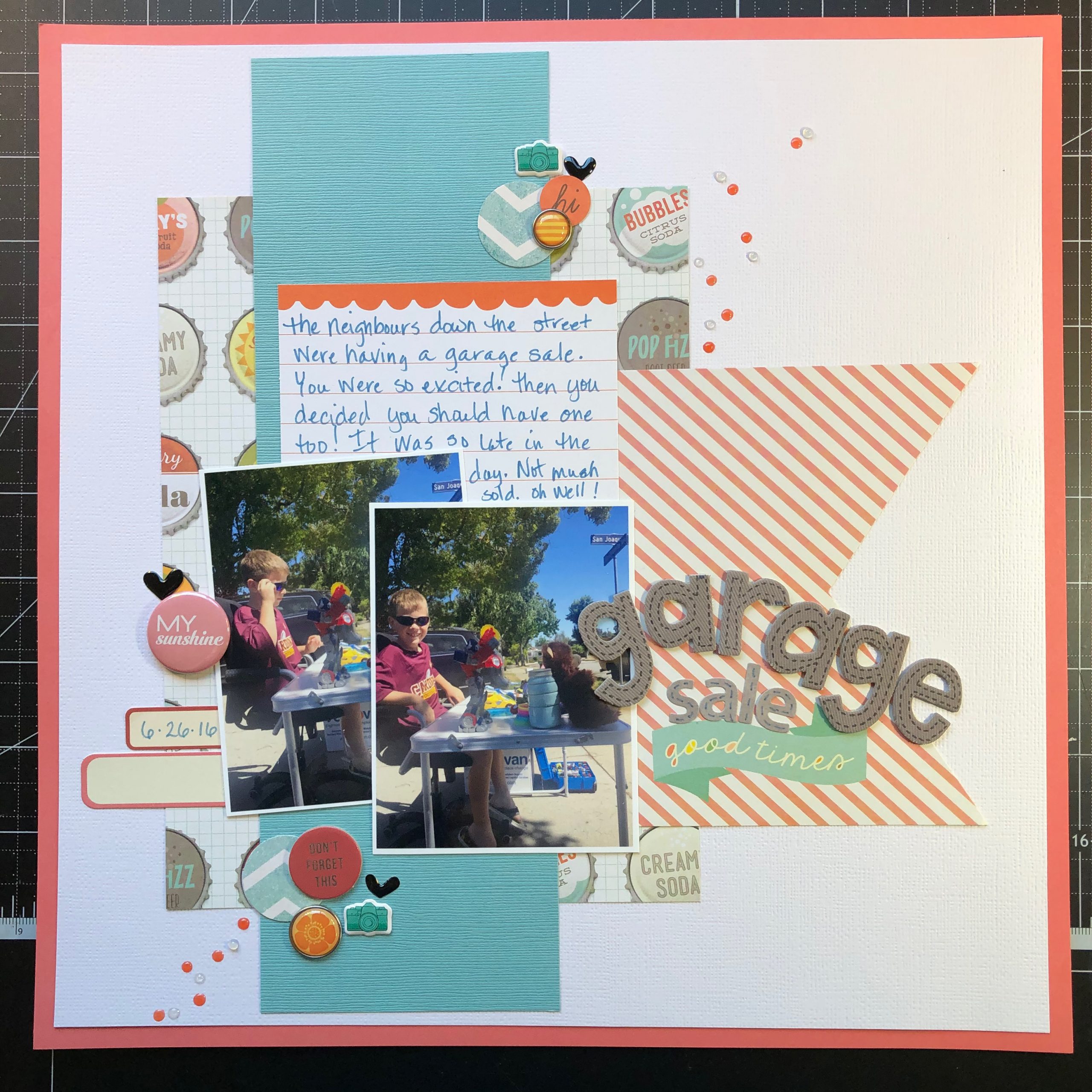 scrapbook layout of Sean having a garage sale.