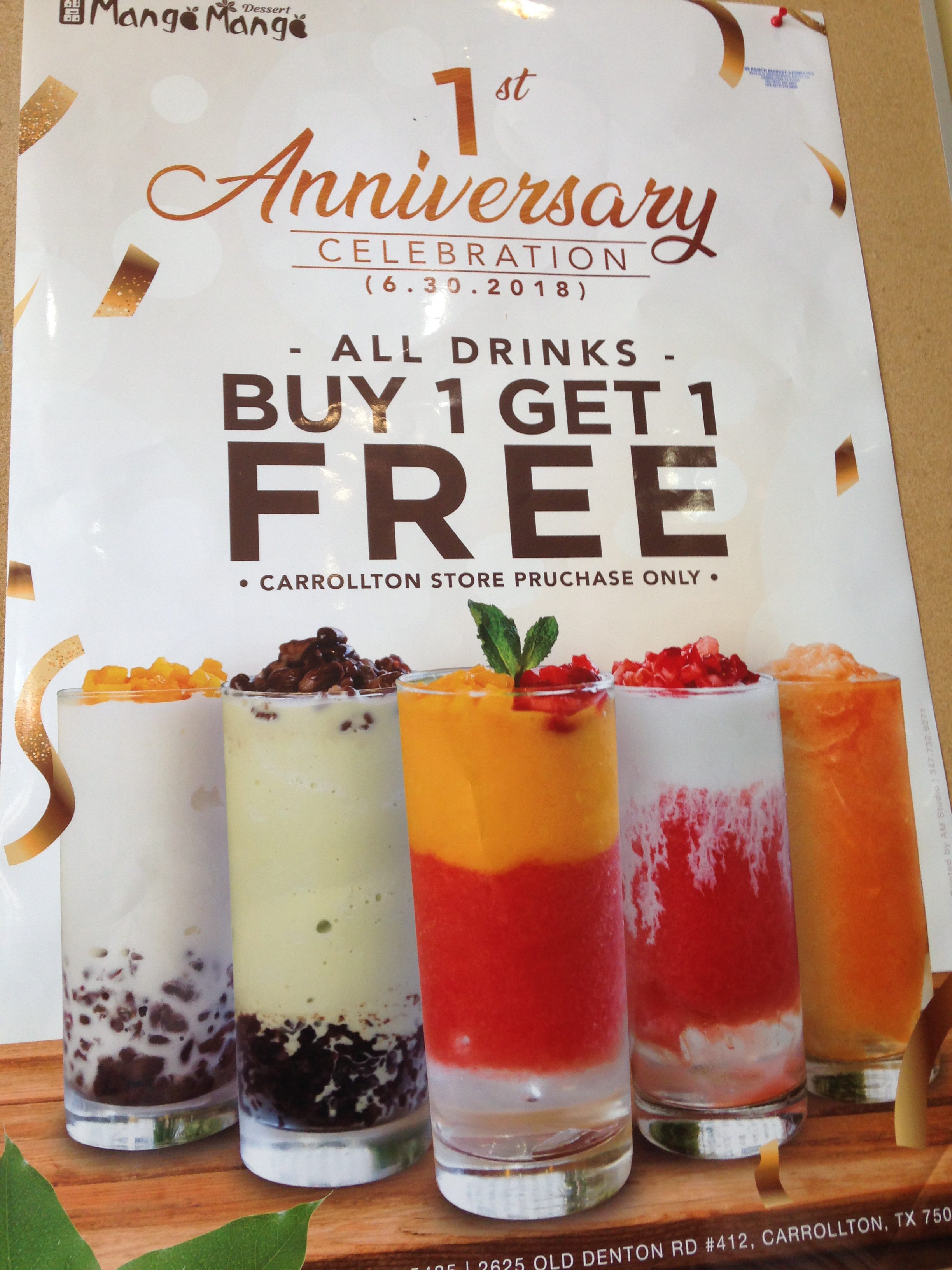 6月30日、デザート店Mango Mangoで飲み物を一つ買うともう一つ無料でもらえる