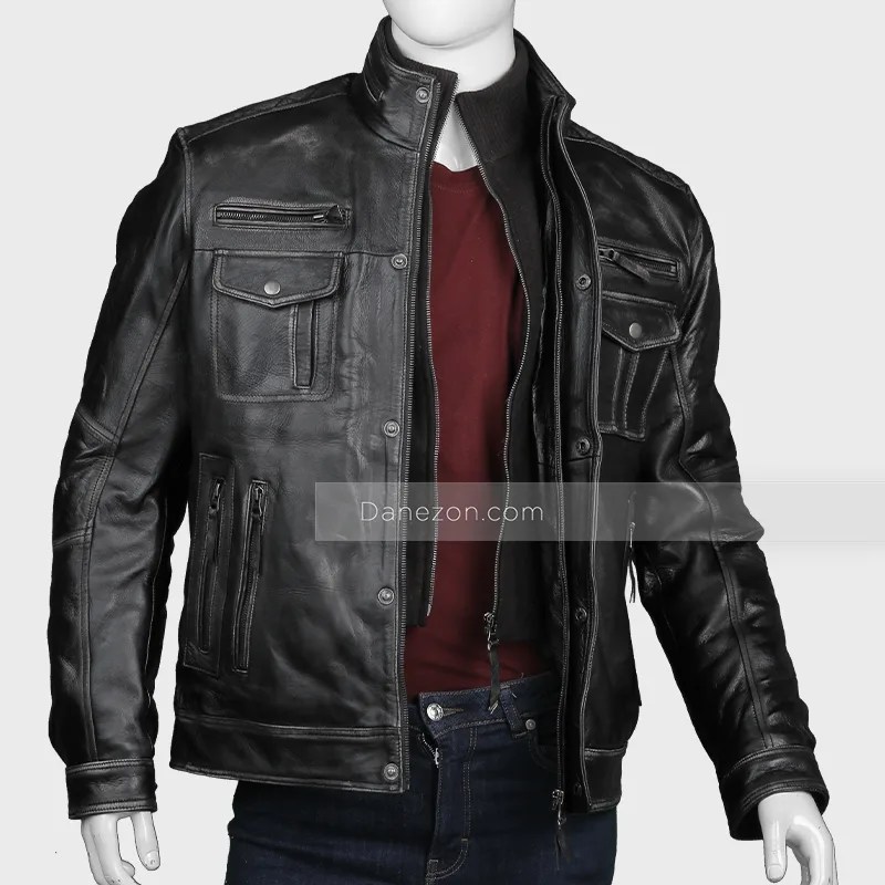 Mens Black Zipper Pocket Leather Jacket with High Neck Collar