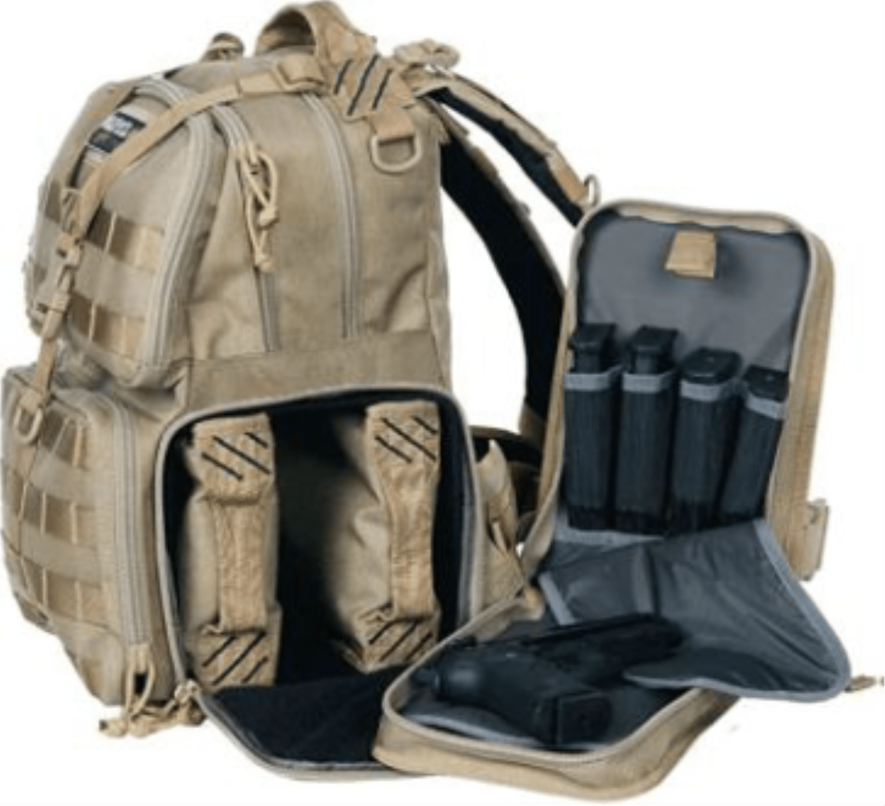 Tactical Range Backpack, GPS, holds 3 handguns Tan