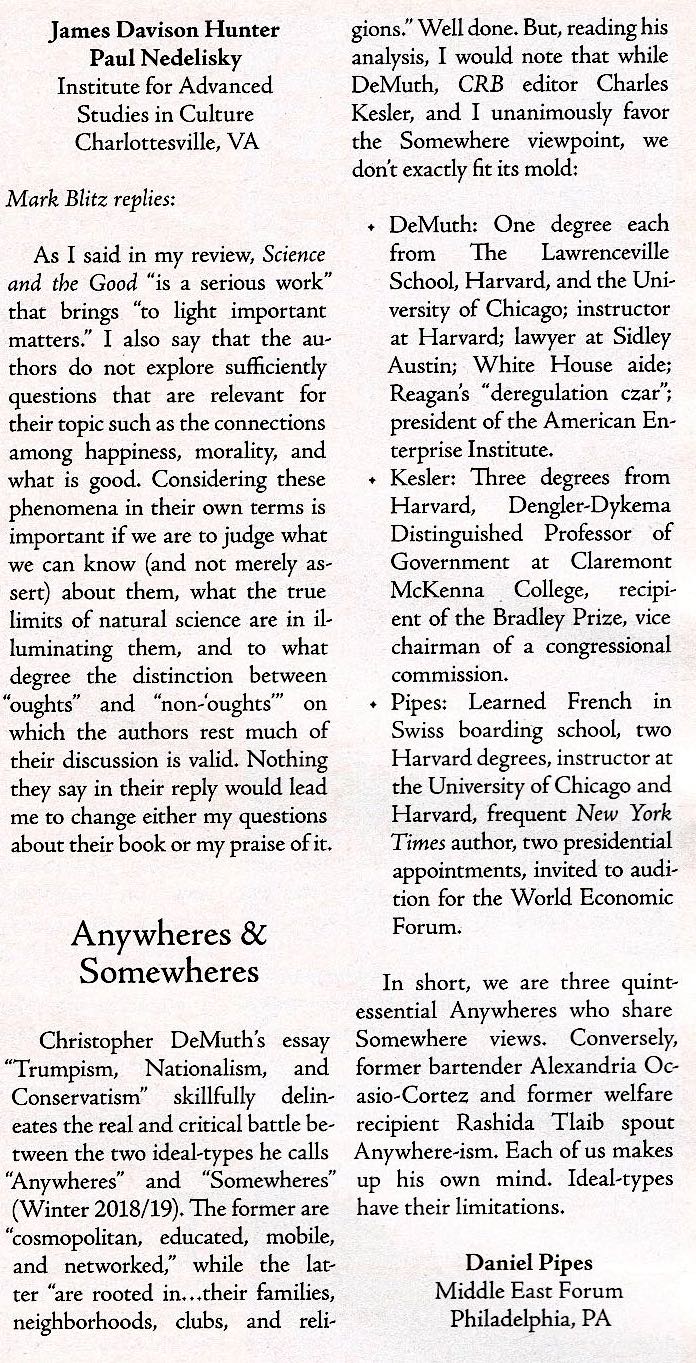 Anywheres & Somewheres Letter to the Editor Daniel Pipes