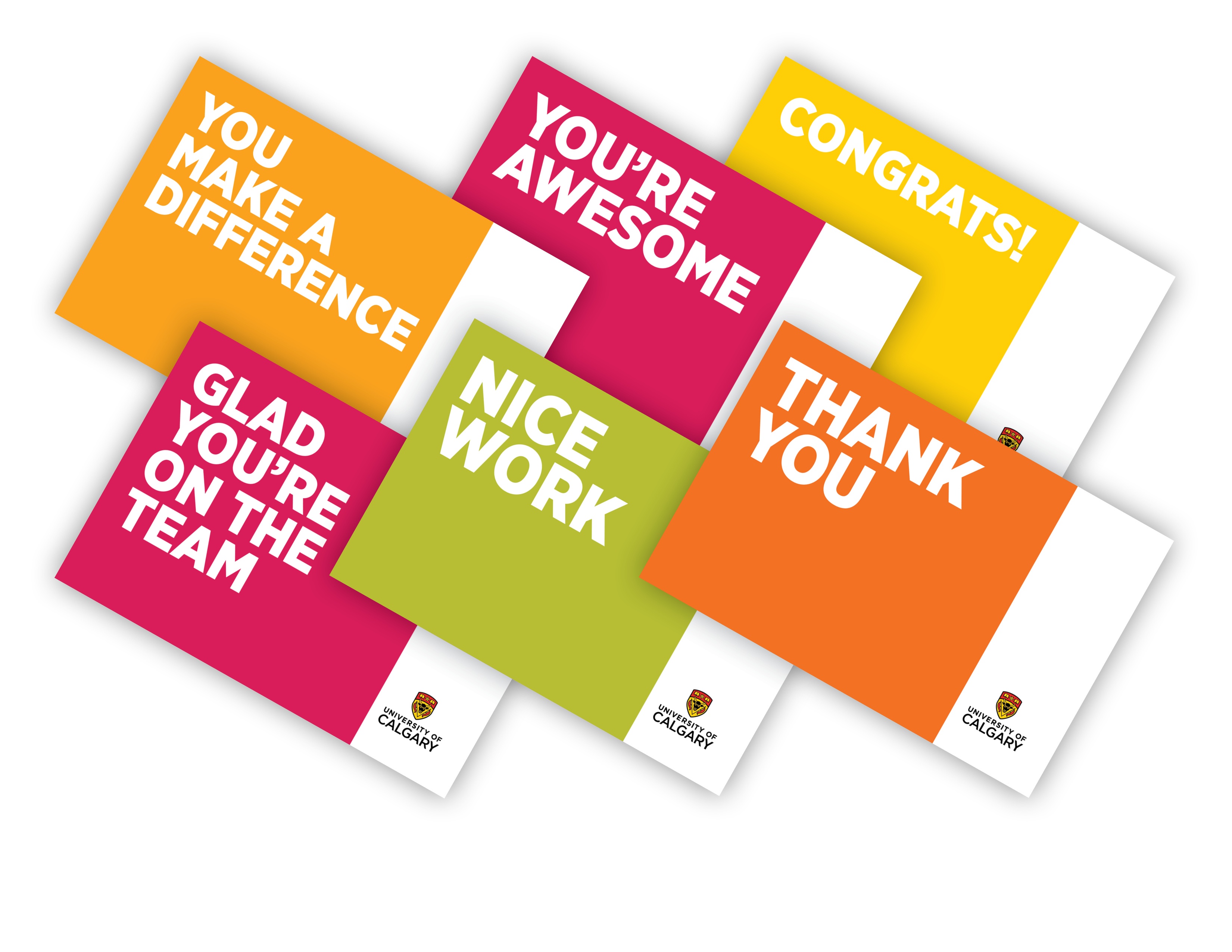 An image of the University of Calgary's cards, with titles like "Congrats", "Thank you", "Nice Work" and "Glad You're on the Team"