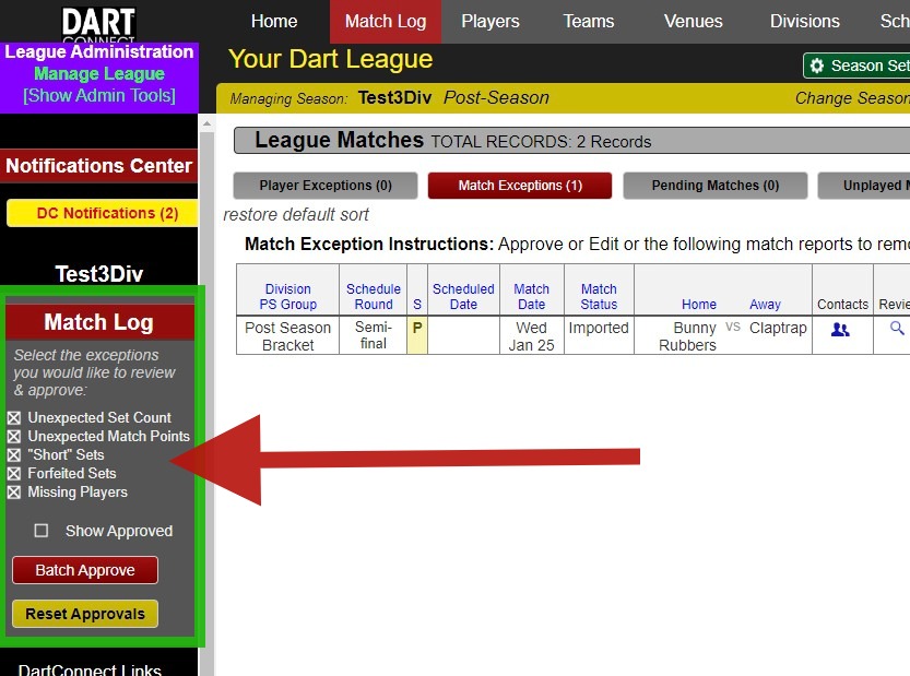 Customize Match Log Exceptions Reports DartConnect