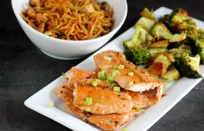 sheet pan teriyaki salmon + broccoli with noodles