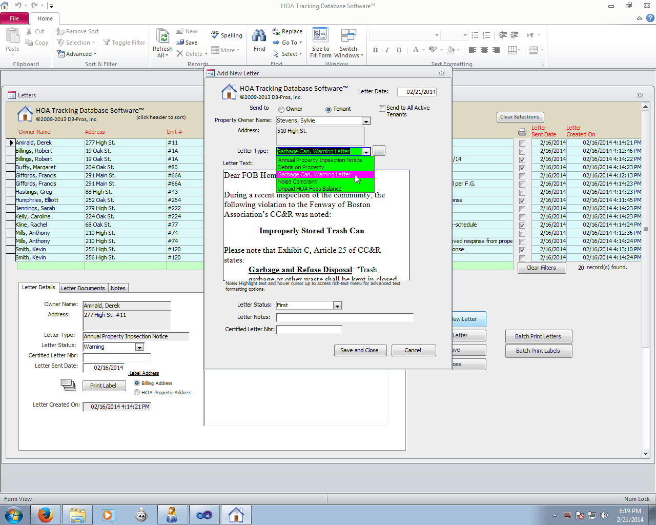 HOA / Property Management Database Software System for HOAs and