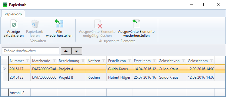 Ein Projekt löschen und aus dem Papierkorb wiederherstellen datamedia