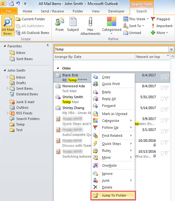 How to Quickly Jump to the Folder of a Found Item in Search Results via