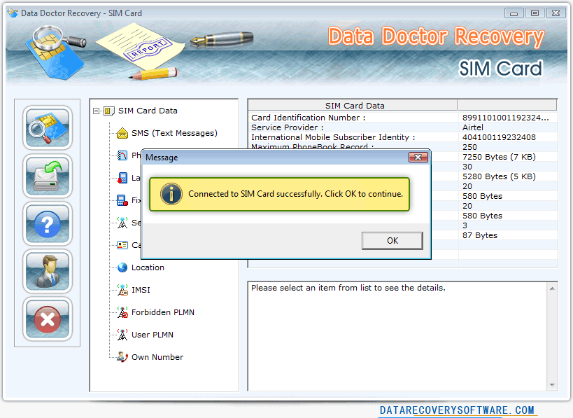 Data Recovery Software for SIM Cards screenshots demonstrates