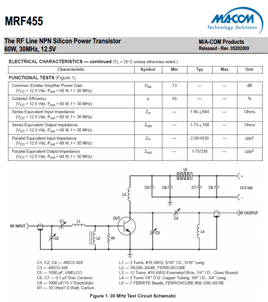 MRF455 Datasheet PDF - 18V, 15A, RF Power NPN Transistor