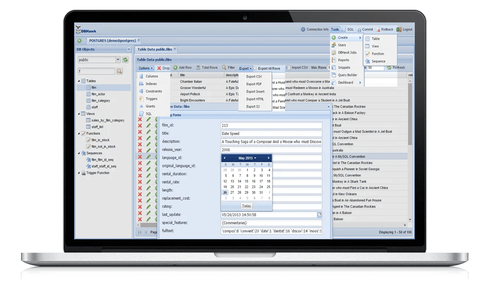 PostgreSQL Web Client PostgreSQL Reporting Tools DBHawk