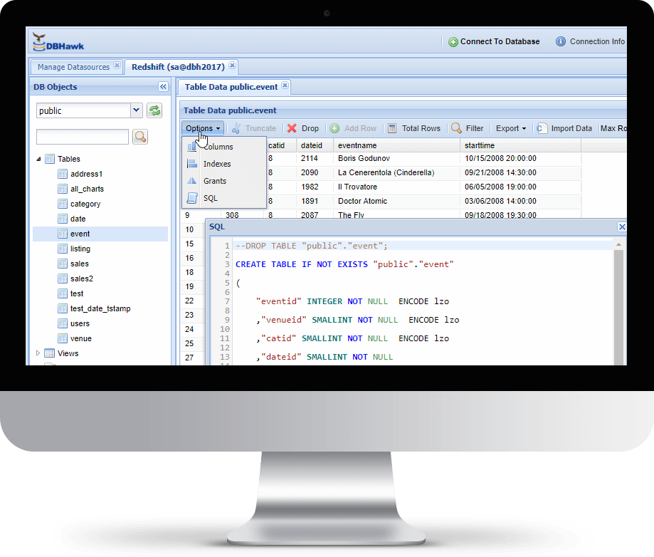 Amazon Redshift SQL Data Tool Online SQL Workbench DBHawk