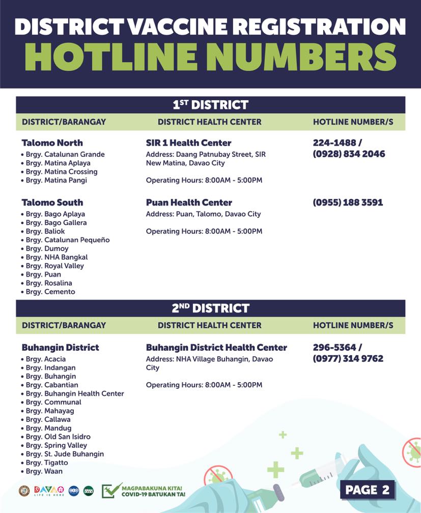 Davao City District Vaccine Registration Hotline Numbers Davao City