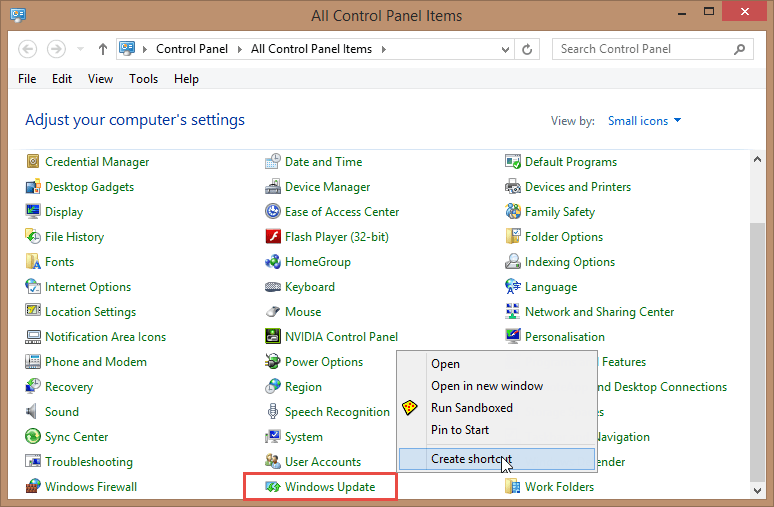 Create a Shortcut to ‘Windows Update’ in Windows 8.1