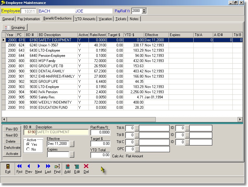 This screen allows the user to maintain the benefit and deductions (ben