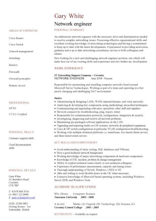 Network engineer CV sample, CV examples, technology job description