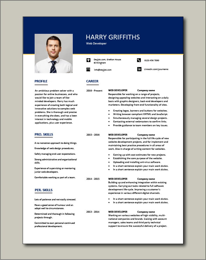 Free Web Developer resume template 1