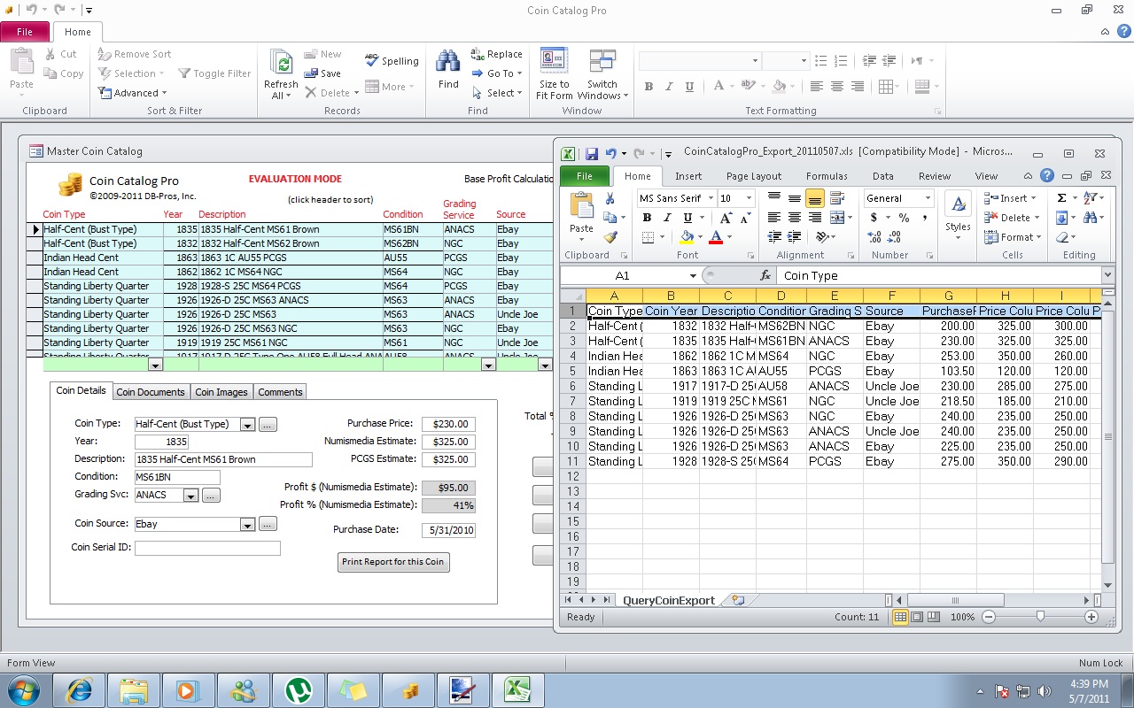 Coin Collecting Software, Coin Catalog Pro™ Screenshots DBPros