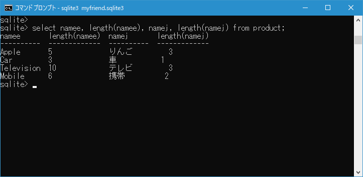 SQLite 文字列の文字数を取得(length関数)