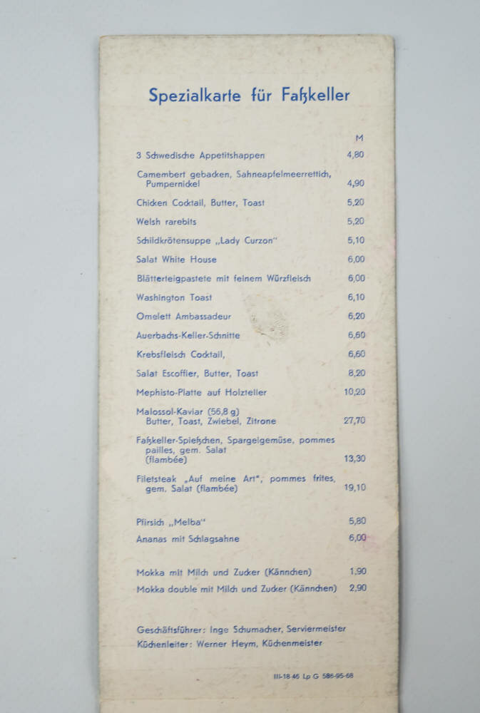Speisekarte "Auerbachs Keller Leipzig Fasskeller" DDR Museum Berlin