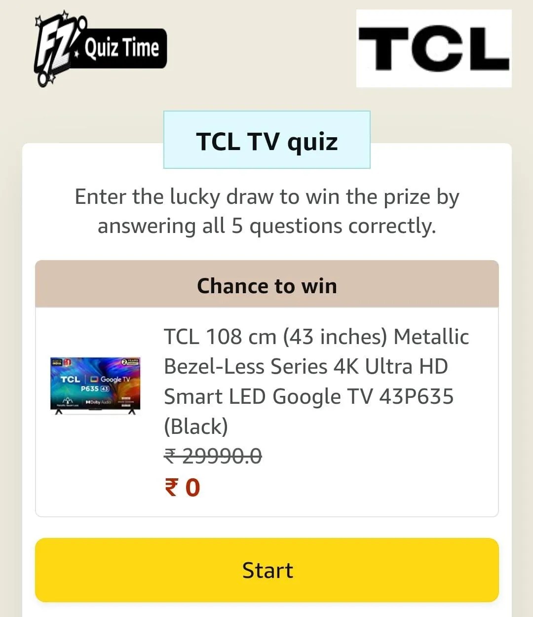 (22 Oct) Amazon TCL quiz Answer 5 simple questions and stand a